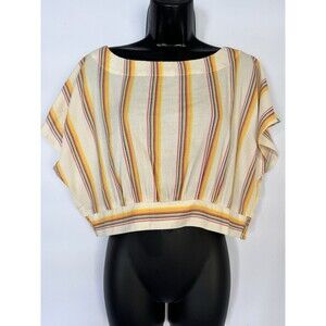 Band Of The Free NWT Boho Striped Retro Cream Women’s Cropped Blouse Tie Back L